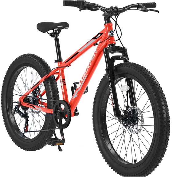 JERFIT 24" Fat Tire Mountain Bike for Adults & Youth, 7-Speed Shimano Gears, Front Suspension, Dual Disc Brakes, High-Carbon Steel Frame, All-Terrain Commuter Bicycle in Orange