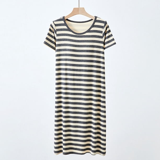 Camisola corta de verano para mujer, a rayas, cuello redondo, con cojín en el pecho, holgada y cómoda, de algodón.