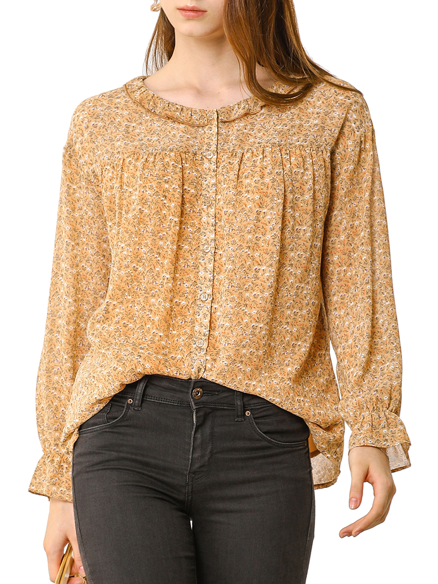 MODA NOVA Junior's Ditsy Floral Button up Long Sleeve Blouse Yellow XS - image 5 of 5
