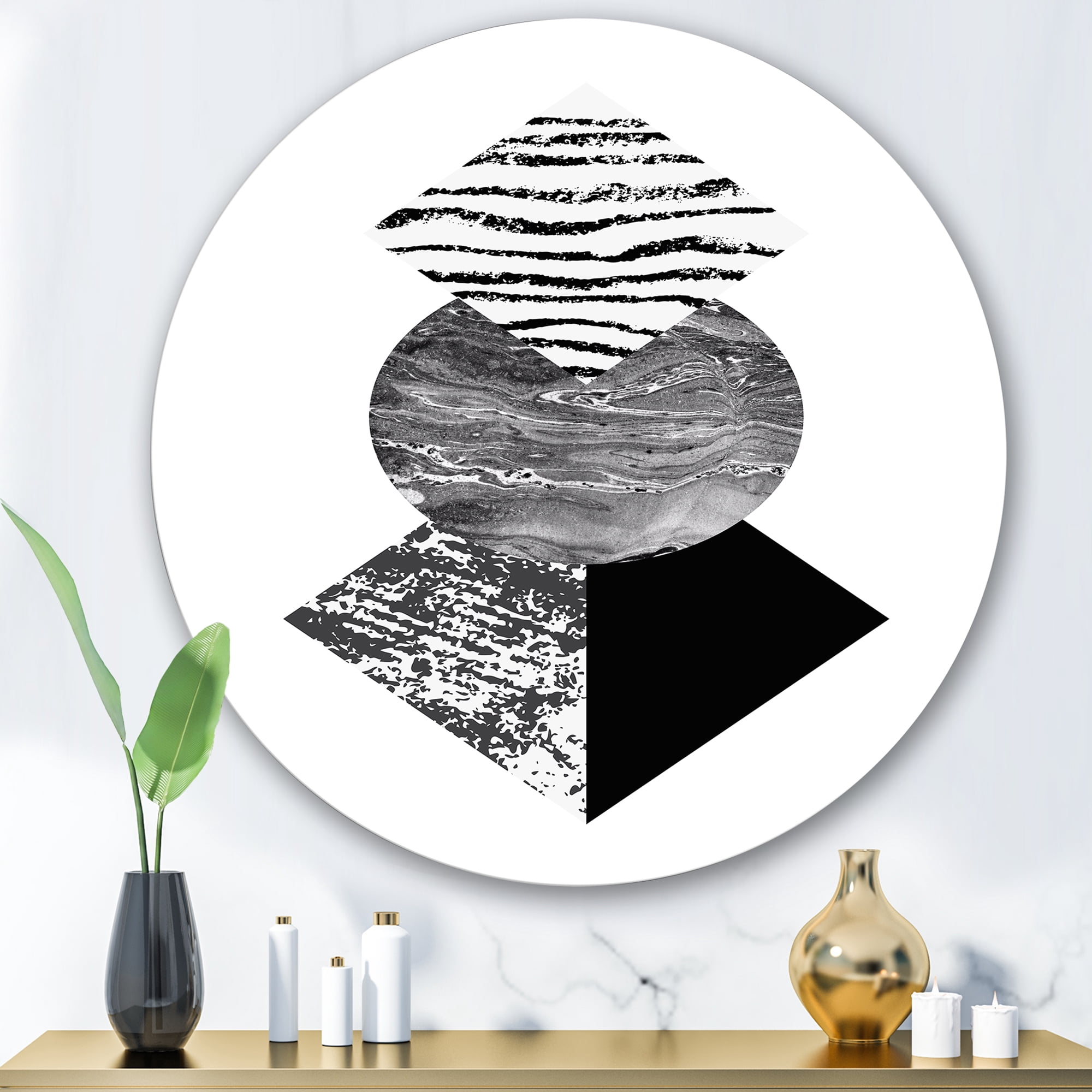 Designart 'Abstract Geometry Shapes With Tropical Palm Leaf I' Modern Circle Metal Wall Art 36x36 - Disc of 36
