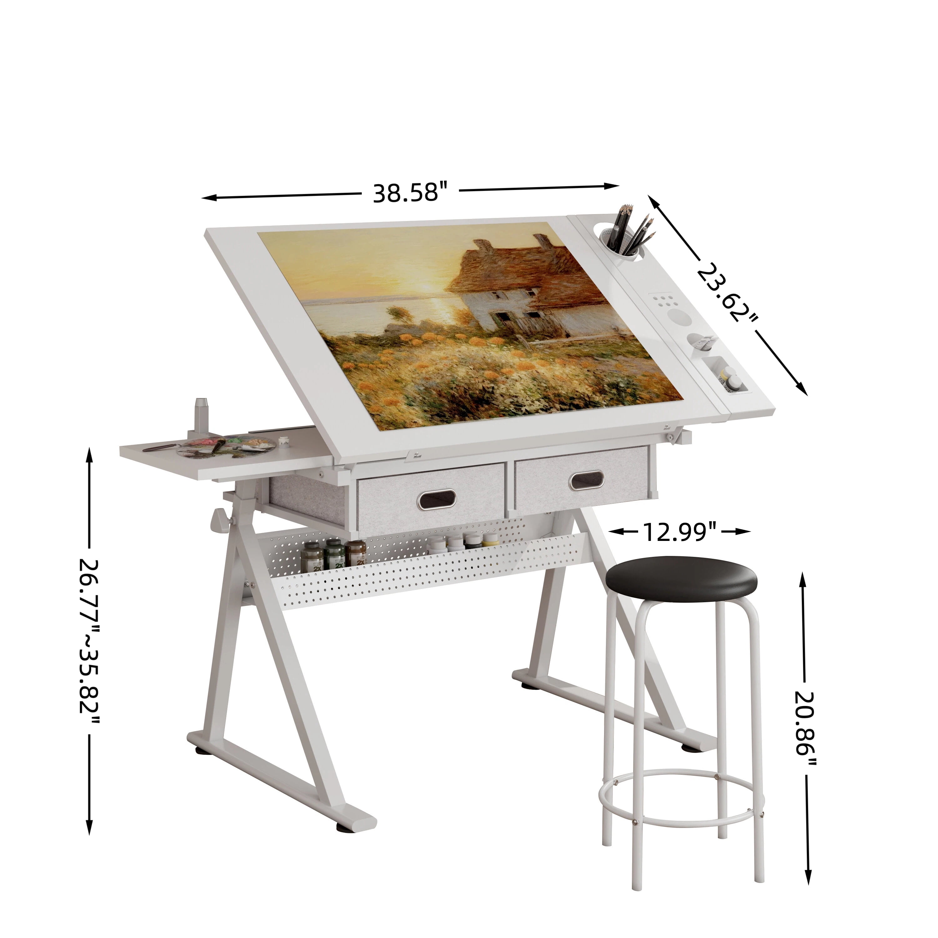 Adjustable Drafting Table, Draft Top Art Desk, Tilting Drawing & Art Craft Table with Storage, Height Adjustable Workstation with 2 Drawers and Stool for Artists, Home Office & School, All White