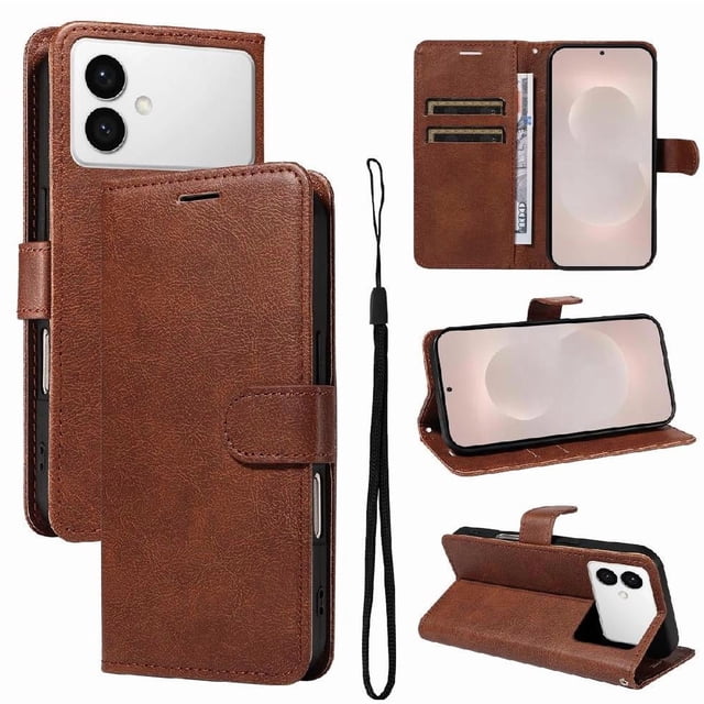 Wallet Case for Samsung Galaxy S26 Edge Flip Cover with Card Slots, Magnetic Stand & Strap Brown