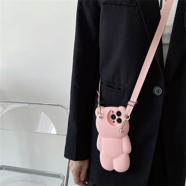 Funda de teléfono con correa de cordón cruzado de oso de dibujos animados 3D para iPhone 11, 12, 13, 14 Pro Max Plus, XS, X, XR, funda de silicona suave Fivean unisex