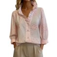 thumbnail image 2 of Endives Women's Button Down Shirt Floral Collar Embroidery Blouse Ruffled V Neck Long Puff Sleeve Casual Womens Tops Spring Outfit Summer Pink, 2 of 5
