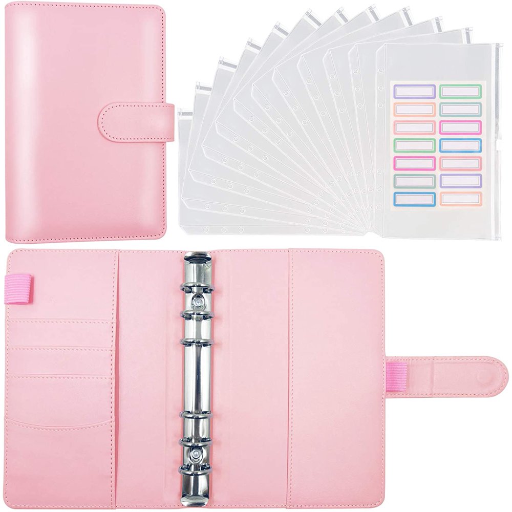 A6 PU Leather Notebook Binder with 12pcs Plastic Binder Pockets, Loose