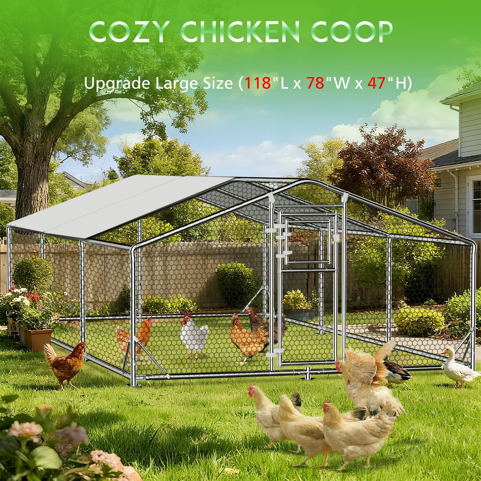 WUKHG Large Walk-in Chicken Coop - Metal Enclose Chicken Coops with Roof, Outdoor Cage Dog Kennel, Predator Protection for Backyard Animals, 9.8x19.7x6.4ft