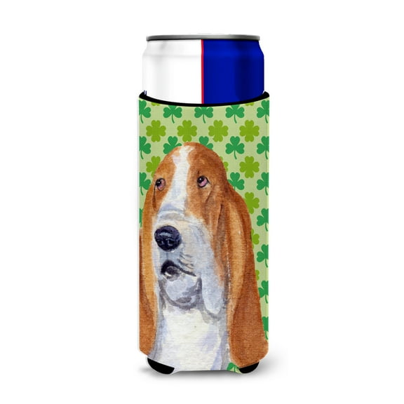 Caroline's Treasures SS4459MUK Basset Hound   Shamrock Portrait Hugger for Slim Cans