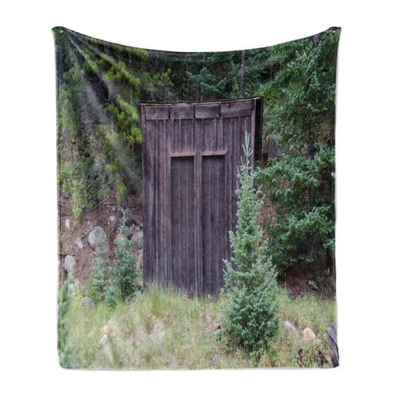 Outhouse Soft Flannel Fleece Blanket, Farm Life House Wooden Door of Cottage Hut in Woodland Leaves Art Print, Cozy Plush for Indoor and Outdoor Use, 60" x 80", Dark Brown and Green, by Ambesonne