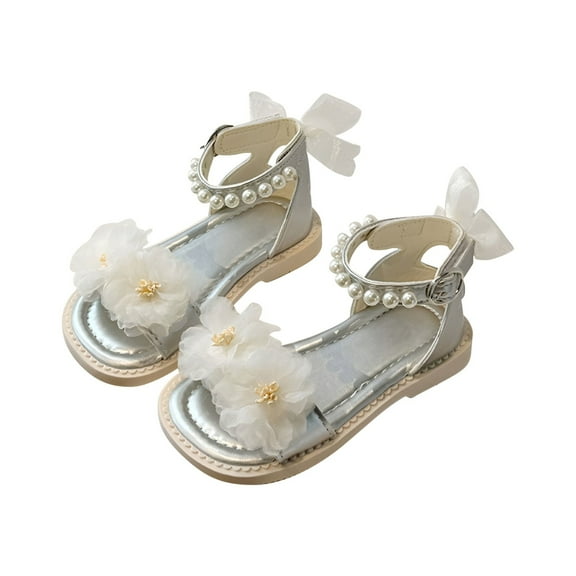 Otqutp Toddler Open Toe Footwear Girls Flower Sandals Summer for Children Wearing Beach Shoes Pearl Soft Sole Comfortable Flat Sandals