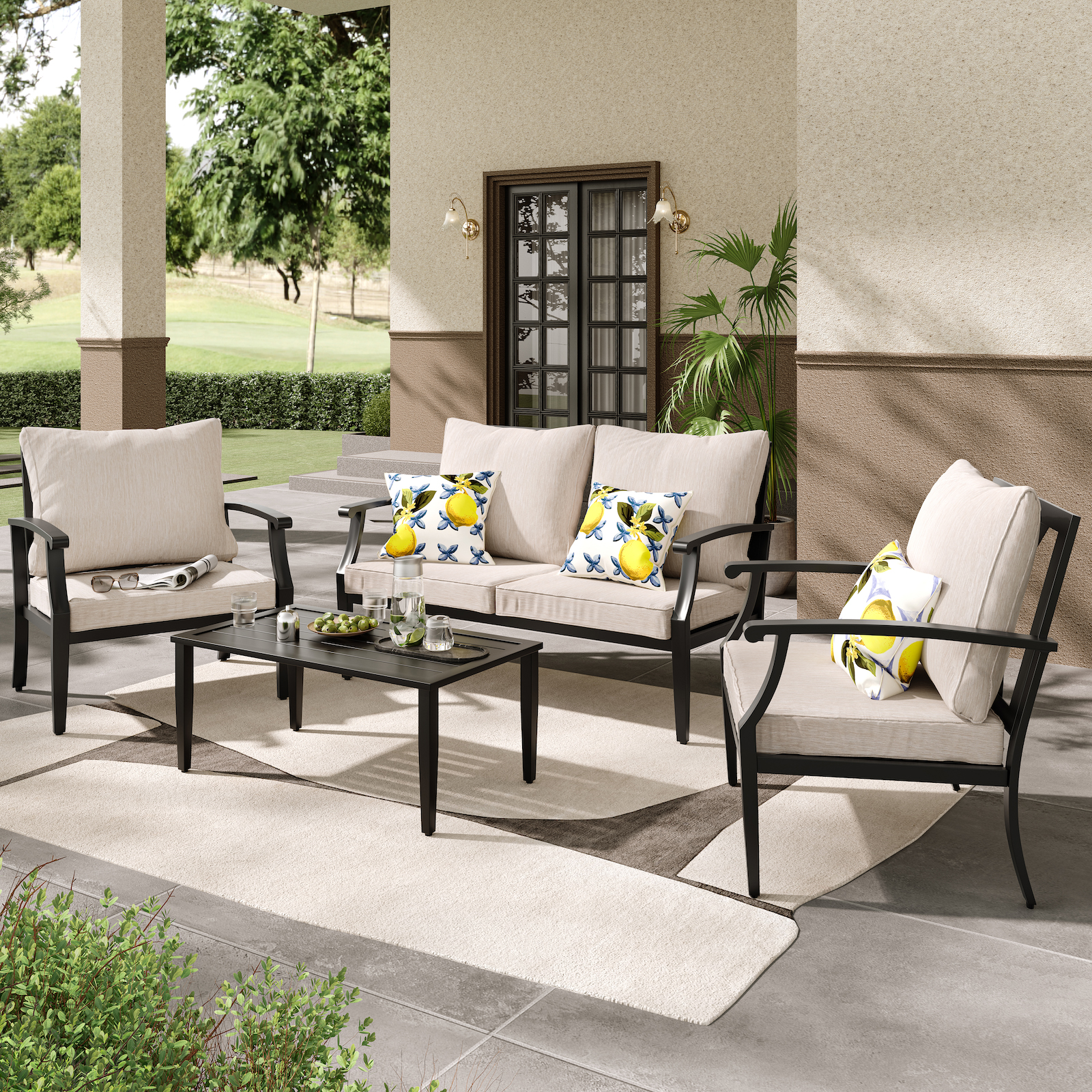 JOYURE 4 pieces Patio Furniture Set w/loveseat,Coffe Table,Outdoor Conversation Metal Sofa with High Back and Thick Cushion,for Backyard,Garden,Beige
