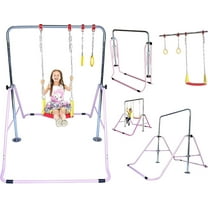 Gymnastics Training Bar for Kids Home Expandable Folding Kip Bar 4 in 1 Set with Swing Seat, 2 Trapeze Rings | Horizontal Bar Junior Gymnastic Equipment Height Adjustable Monkey Bars Jungle Gym Pink