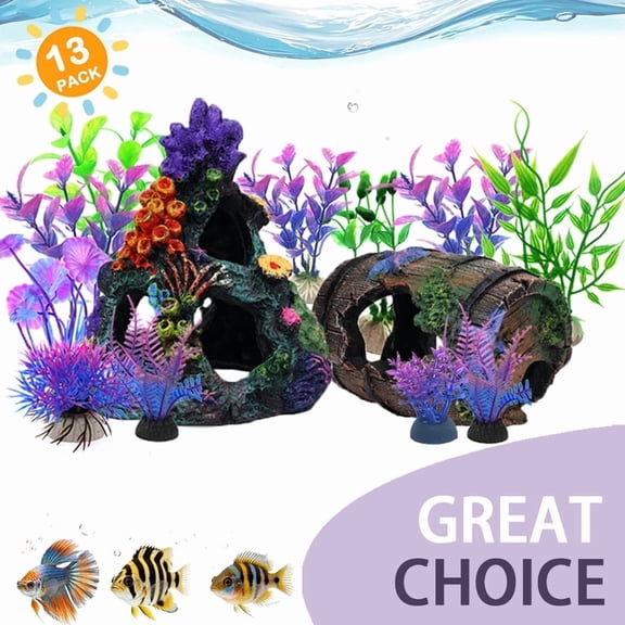BellaNotes 13 Pcs Aquarium Colorful Coral Reef Set Fish Tank Decoration Mountain Ornament for Aquarium Environments Decor Accessories,Coral Mountain x 1, Starfish Bucket x 1,Aquatic Plant x 11