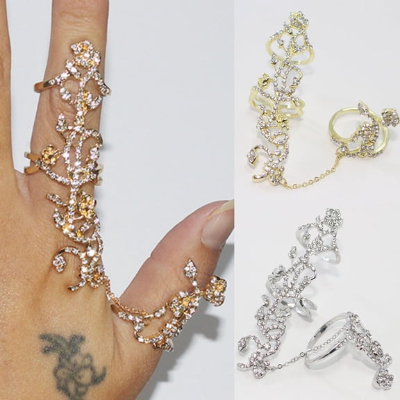 SmartBy Shining Decorative Double Finger Rings Alloy Full Rhinestone Rose Flower Chain Link Rings Jewelry Gift