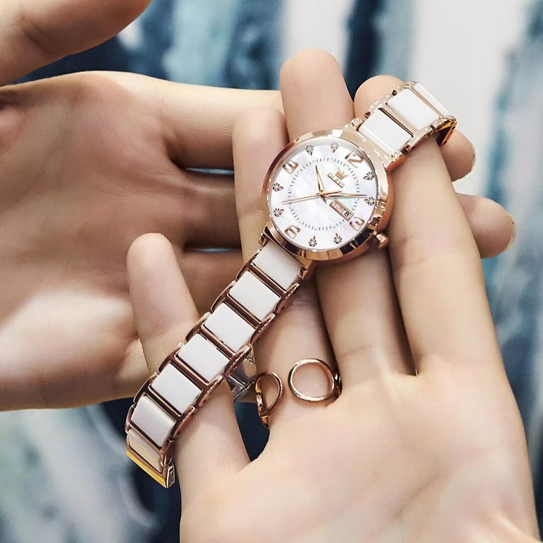 OLEVS Fashion Rose Gold Womens Watches Diamond Watches For Women White Dial Watches Women Day Date Watches Stainless Steel Strap Ladies Watches