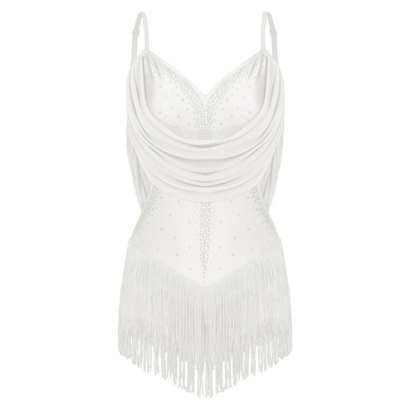 Alvivi Women's Rhinestone Latin Dance Dress Fringe Leotard Tassel Salsa Waltz Tango Samba Dress Ivory M