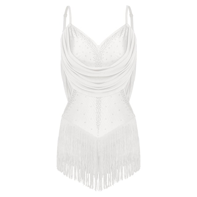 Yeahdor Robe de Cocktail Sans Manches Rumba Salsa Latin pour Danse de Salon avec Franges Ivoire L