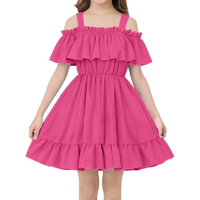Niñas Maxi Vestido de Color Sólido Fuera Del Hombro Plisado con un Escote para las Niñas, Lindo Vestido Maxi para las Fiestas de Cumpleaños de Vacaciones Diarias