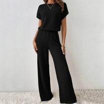 BYHONG Womens Pant Suits Women's Two Piece Outfits Crew Neck Slit Hem Blouses Women Pants Sets Black S