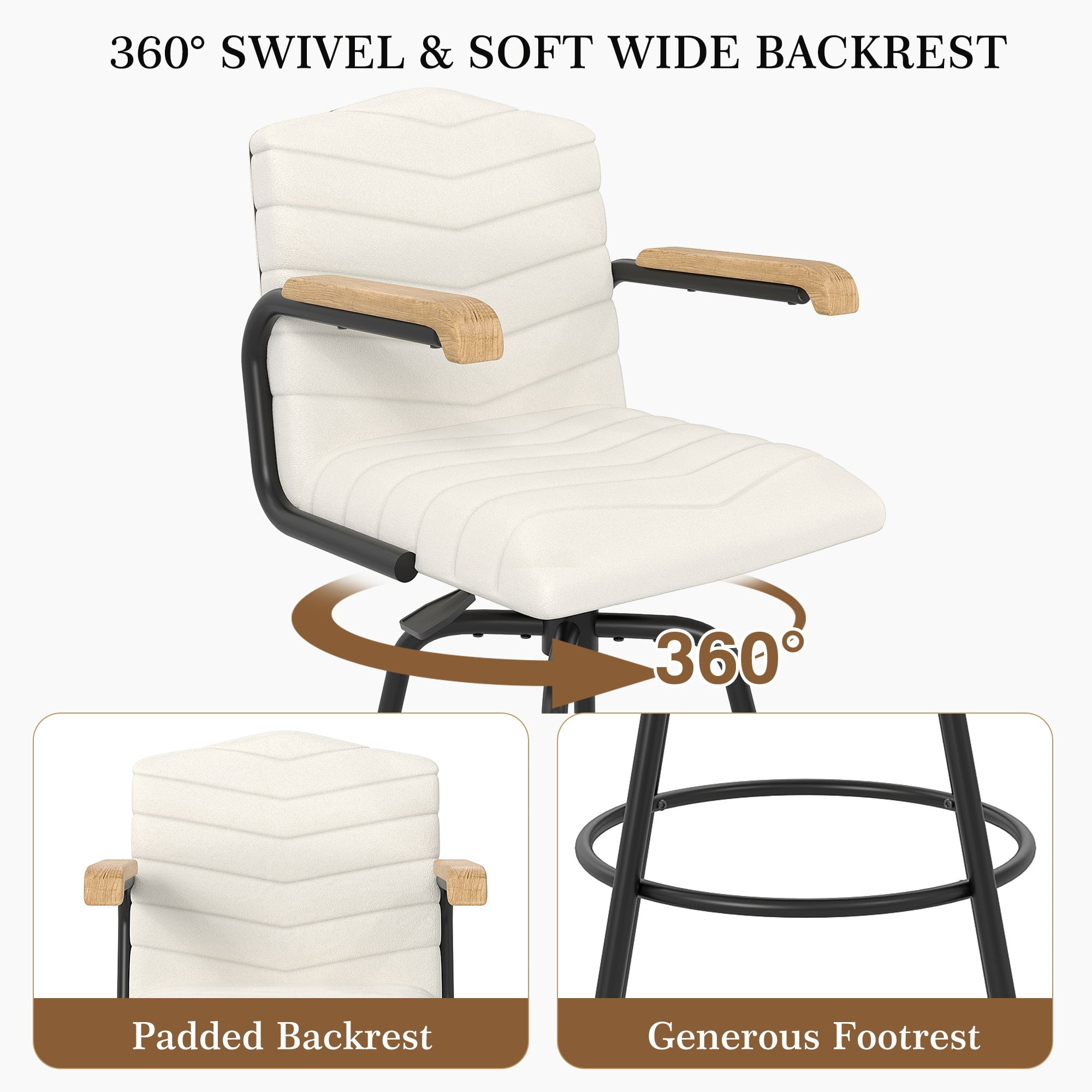 VECELO Set of 4 Counter Height Swivel Bar Stools with Back and Armrest, Modern Velvet Upholstered Bar Chairs for Kitchen Island, Steel Stool Frame, Beige