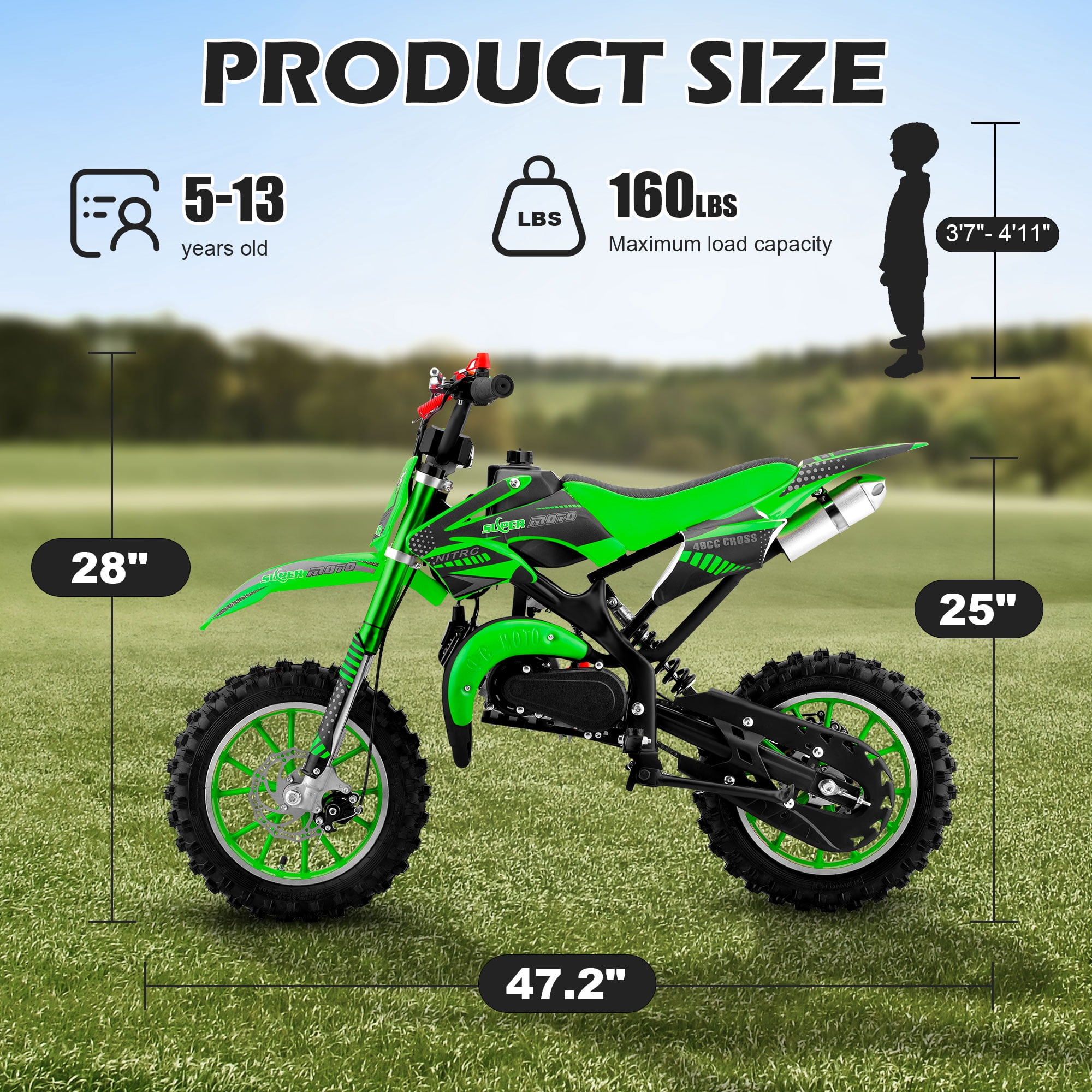 Gpower Gasoline 49cc Dirt Bike for Kids 13-17,2-Stroke Gas Power Mini Dirt Bike,Green
