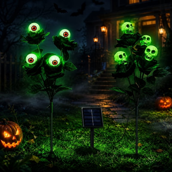 INSMART Solar Halloween Garden Lights, 2 Pack 27.6 Inch Black Rose Eyeball and Skull Stake Lights, Waterproof Green LED Outdoor Yard Decor