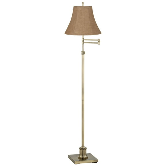 360 Lighting Traditional Swing Arm Floor Lamp Adjustable Height 70" Tall Antique Brass Natural Burlap Fabric Bell Shade Living Room Bedroom