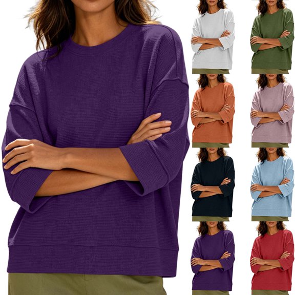 DYTTDG Women's Waffle Knit 3/4 Sleeve Crew Neck Top | Casual Loose Fit Dolman Sleeve Pullover Blouse, Textured Summer Fall Basic Tee