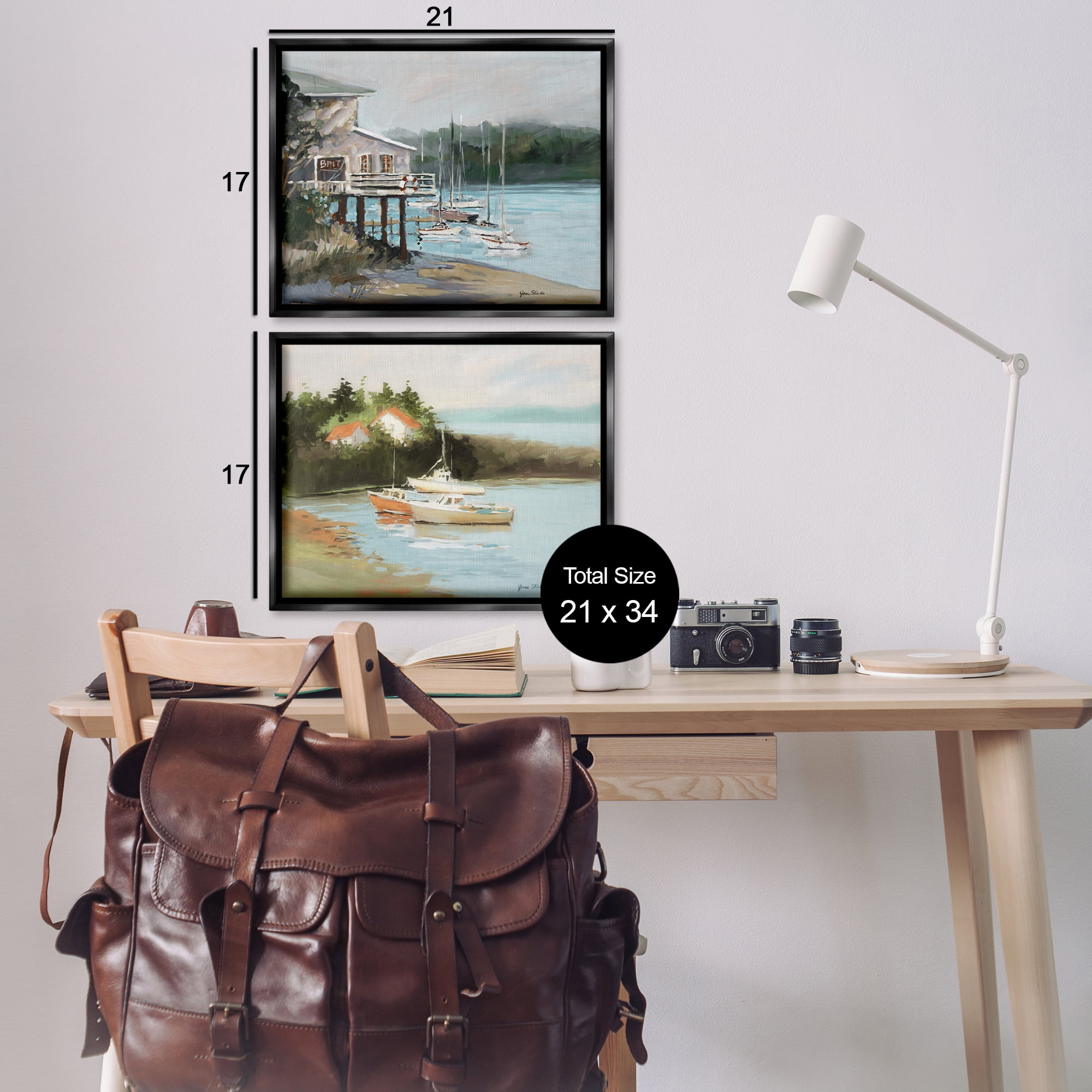 Stupell Industries Boat Lakeshore Landscape Landscape & Nature Painting Black Floater Framed Canvas Art Print Wall Art, 21 x 17, Set of 2