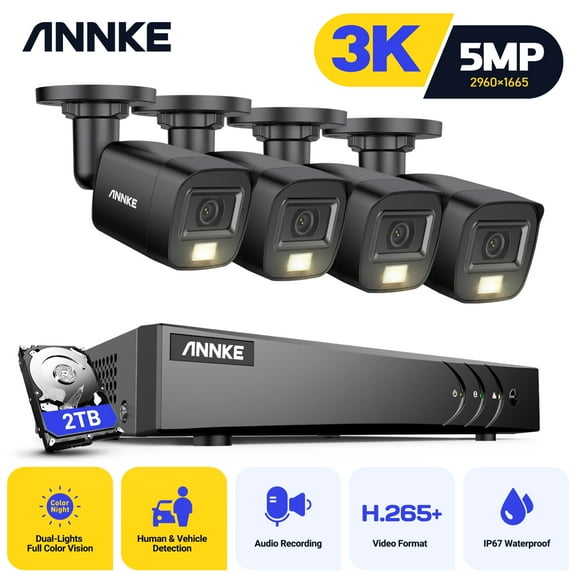 ANNKE 5MP H.265  Security Camera System, 8CH 3K Lite Surveillance DVR and 4x 3K CCTV Bullet Camera with Mic/Audio, Color Night Vision, 2TB HDD, Smart Dual Light, AI Human/Vehicle Detection, IP67