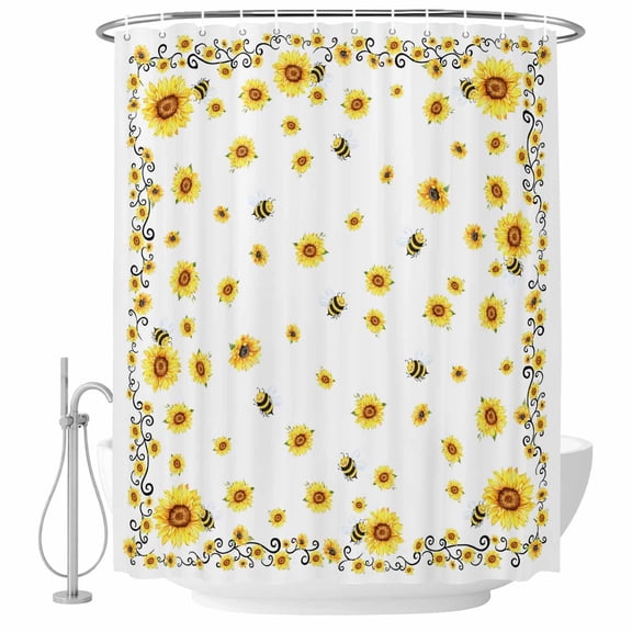 Sunflower Bees Shower Curtain Set - Small 36" x 72" Washable Bathtub Curtain with 12 Hooks, Spring Summer Farmhouse Floral Watercolor Waterproof Fabric Stall Shower Curtains for Bathroom Décor