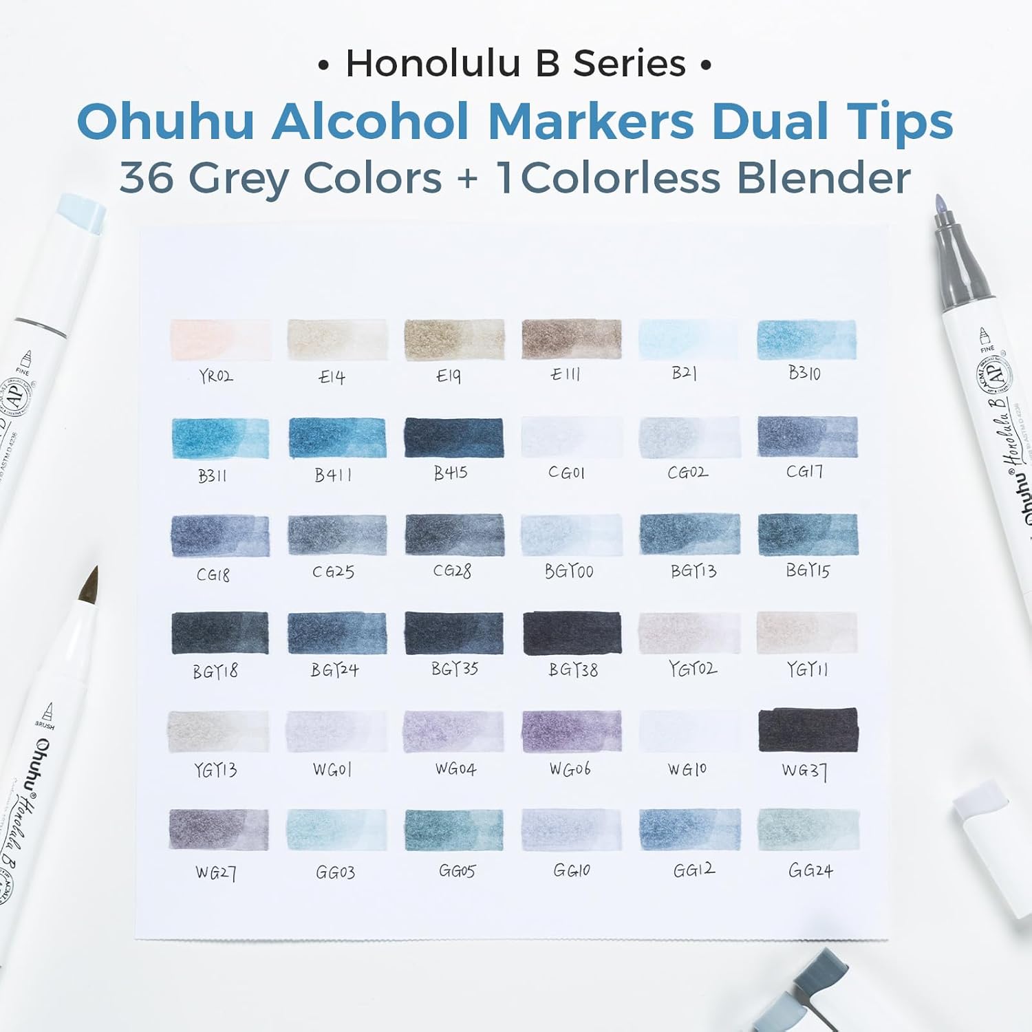 Ohuhu 36 Grayscale Alcohol Markers, Brush & Fine Tips with Blender, for Shading & Illustration – Honolulu B