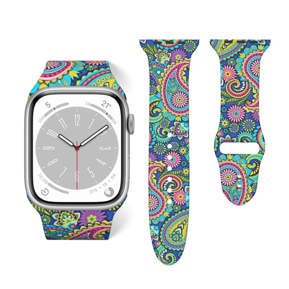 Blue Pink Paisley Soft Silicone Sport Band Replacement Strap For Apple Watch 38mm 40mm 42mm 44mm, Compatible With Series Se 7 6 5 4 3 2 1, For Women And Men