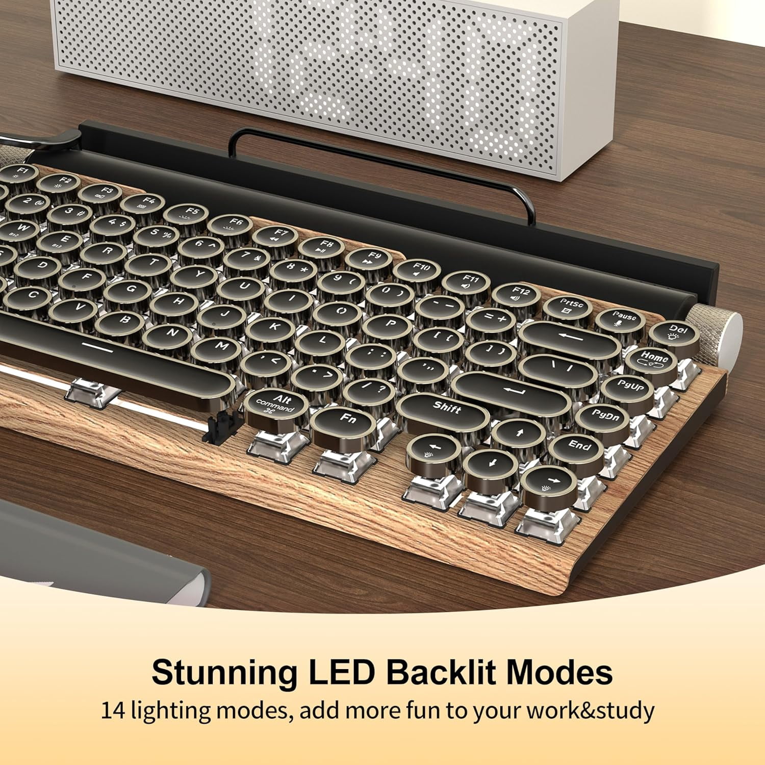 Wireless Mechanical Gaming Keyboard with Bluetooth 5.0, Vintage 83-Key Design, Blue Switches, Punk Round Keycaps, LED Backlight, Compatible with PC/Laptop/Tablet/Phone, Wood Frame