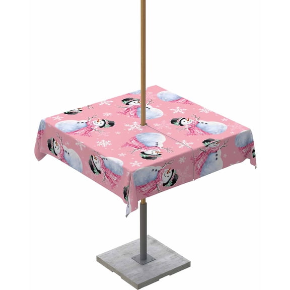 Boanket Outdoor Tablecloth with Umbrella Hole for Patio/Picnic/Party/Camping, Pink Christmas Waterproof Table Cloth Square Cover Washable, Snowman Snowflake Winter (54"x 54")