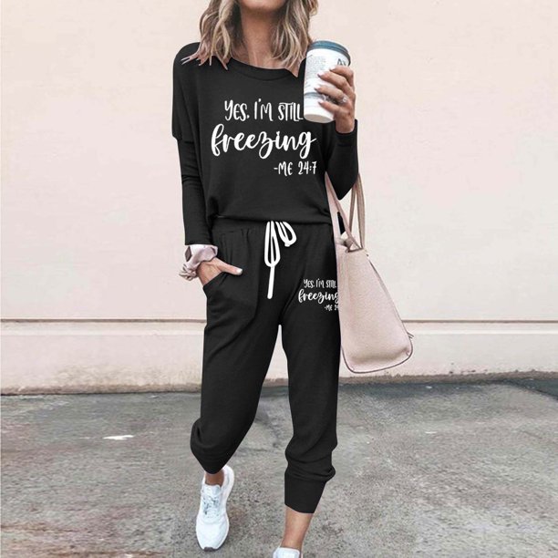 Puntoco Pijamas para mujer, conjunto de pijamas de invierno con estampado de letras, cuello redondo, manga larga, pantalones, ropa informal para el hogar