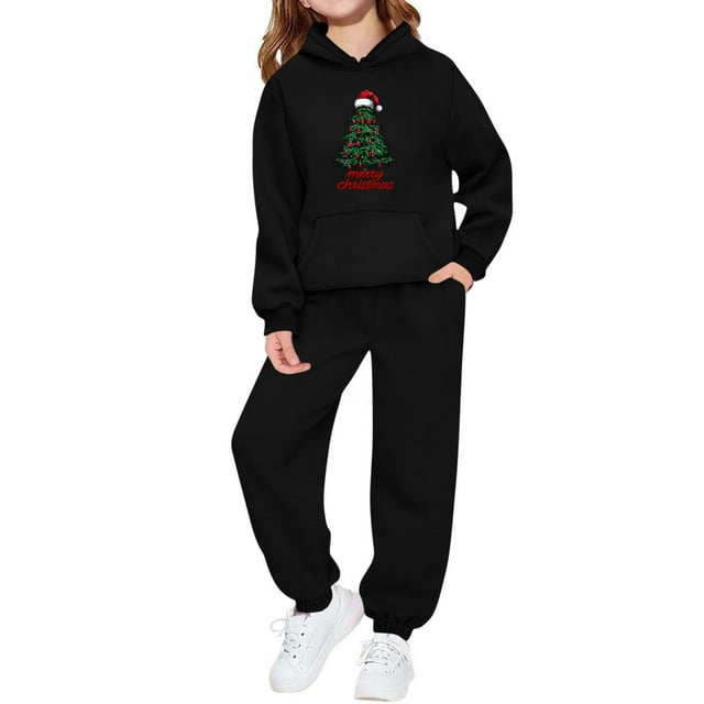 Birdeem Children's Winter Hooded Sweatshirt Set, Print Long Sweatpants Casual Sports Fleece-lined Warmth Two-piece
