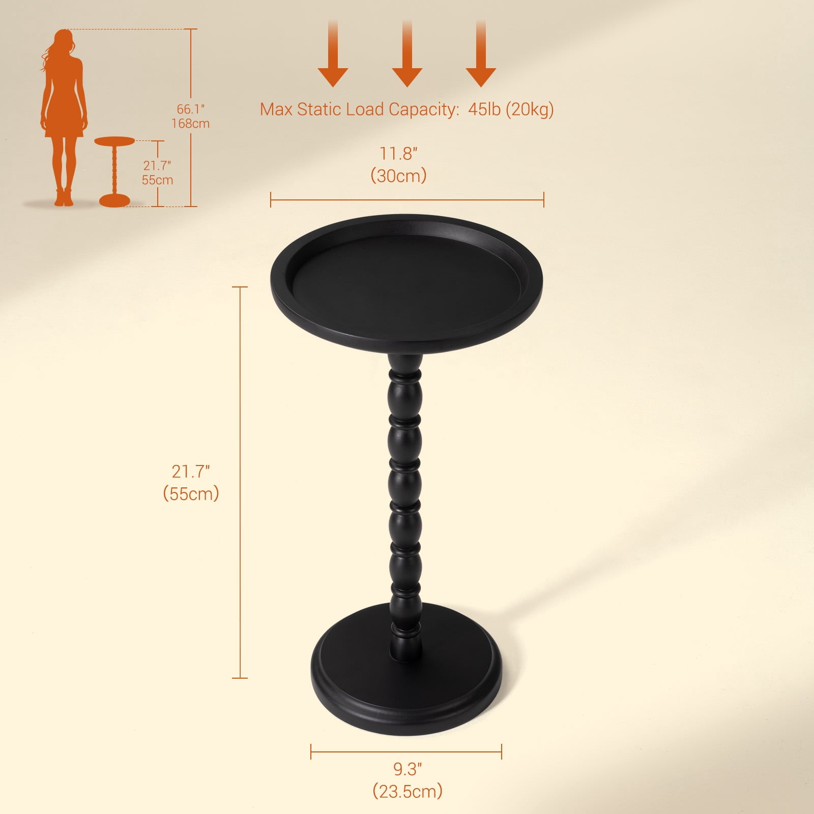 Hearthlight Home Round Side Table, Small Drink Table End Table with Solid Wood Leg for Living Room Bedroom Office,Black,12inch