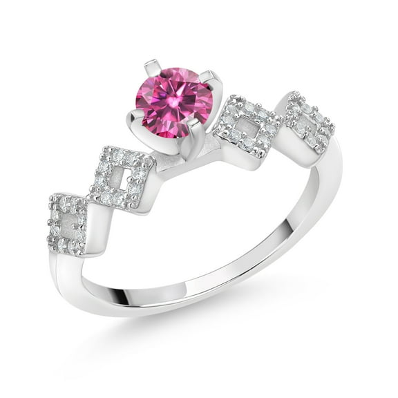 Gem Stone King 925 Sterling Silver Ring Round Pink Moissanite and (0.88 Cttw, Size 8)