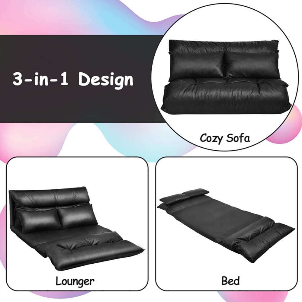 Finihen PU Leather Leisure Floor Sofa Bed, Folding Sleeper Chair Sofa Bed, Foldable PU Leather Leisure Floor Sofa Bed with 2 Pillows, for Living Room, Bedroom, Black Finihen PU Leather Leisure Floor Sofa Bed, Folding Sleeper Chair Sofa Bed, Foldable PU Leather Leisure Floor Sofa Bed with 2 Pillows, for Living Room, Bedroom, Black