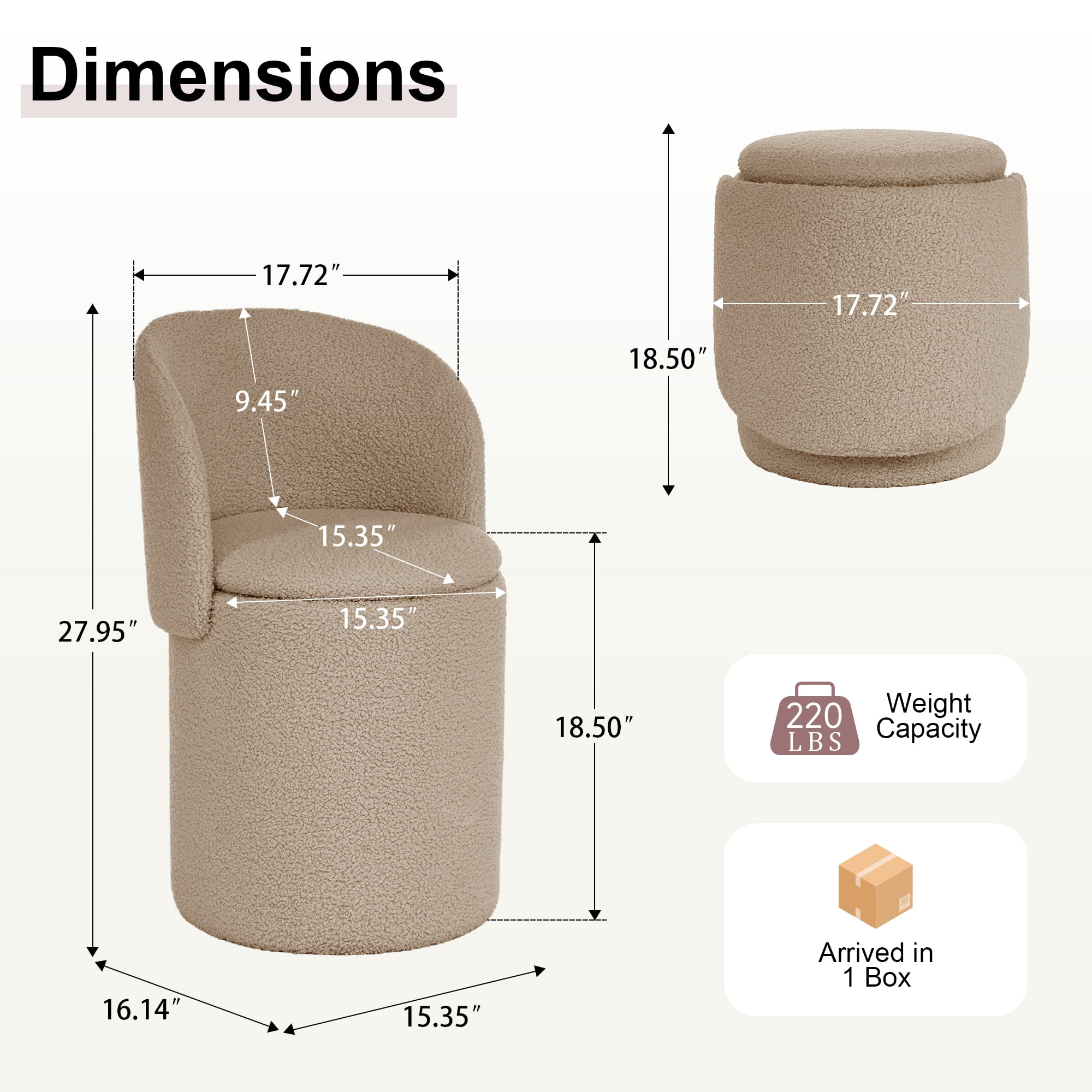 GEEYOO Modern Round Vanity Storage Stool,Sherpa Upholstered Ottoman with Foldable Backrest and Removable Lid,Comfy Makeup Stool for Bedroom Living Room,Khaki