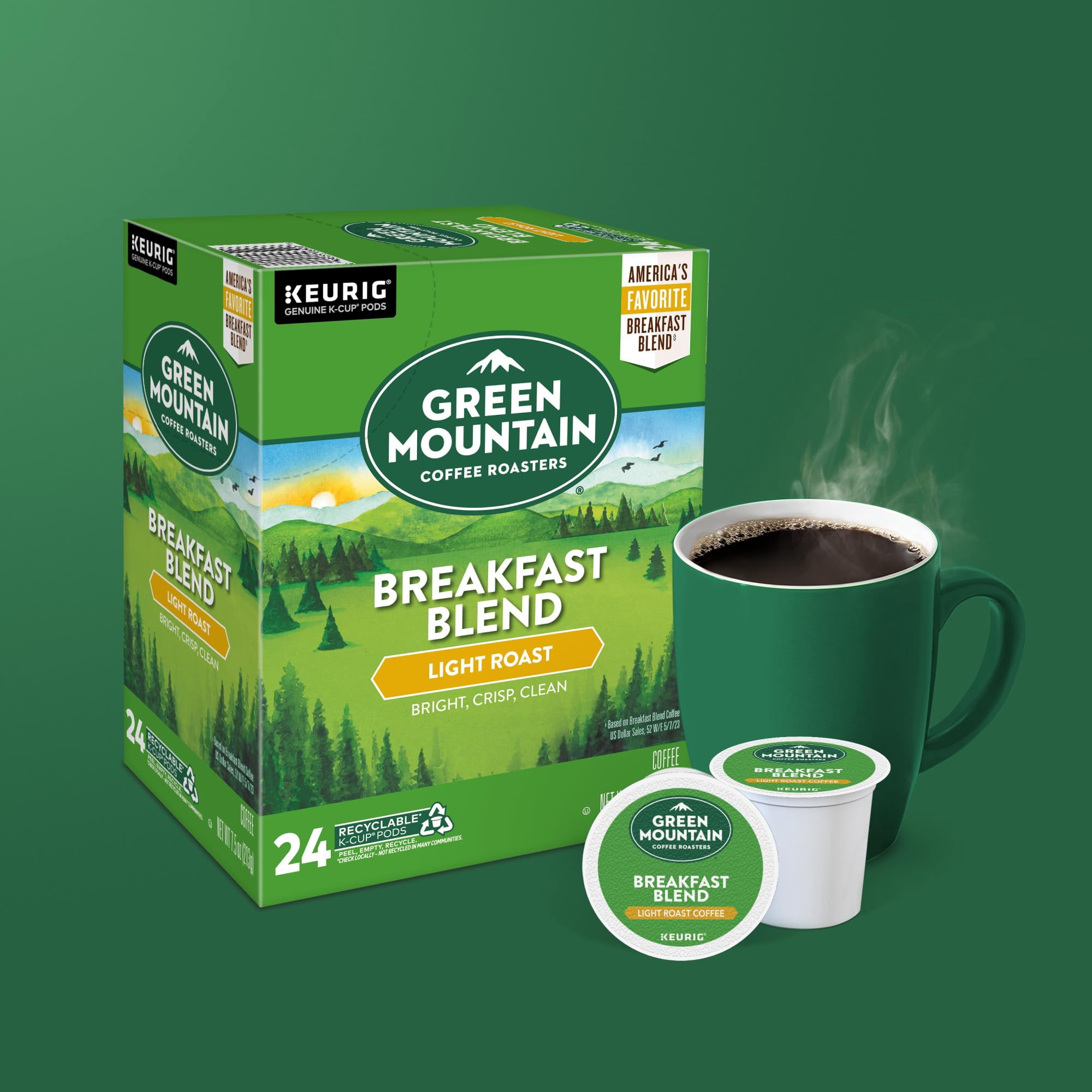 Green Mountain Coffee Roasters Breakfast Blend, Single-Serve Keurig K-Cup Pods, Light Roast Coffee, 24count(Pack of 4)