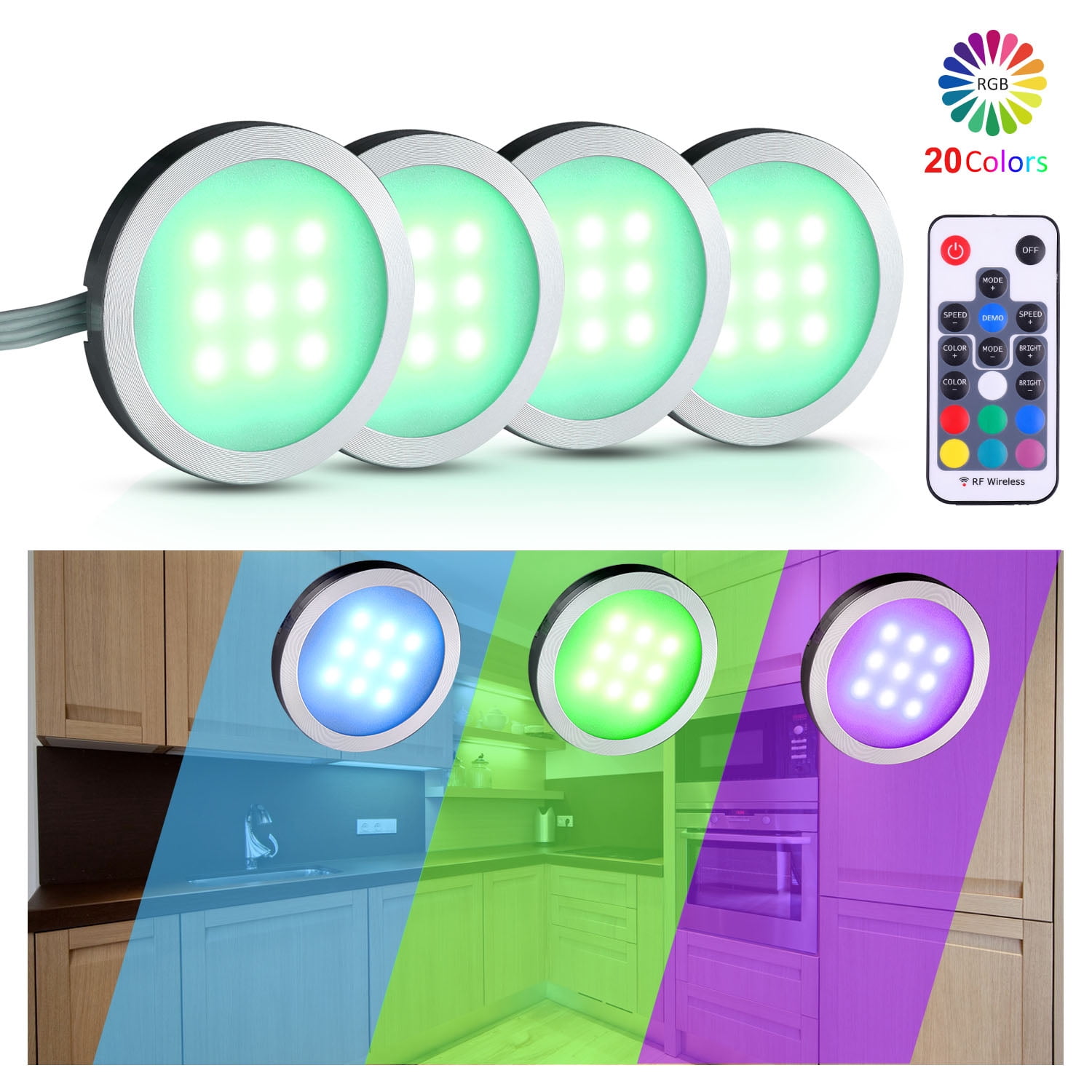 Aiboo RGB Dimmable LED Under Cabinet Lights Kit with Wireless Remote, 6 Lights for Kitchen Counter Ambiance