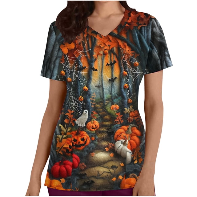 Funicet Hauts pour Femmes, Shorts pour Femmes, Haut de Travail à Manches Courtes Imprimé Halloween avec Poche, Hauts à Manches 3/4 pour Femmes, Hauts d'Halloween pour Femmes