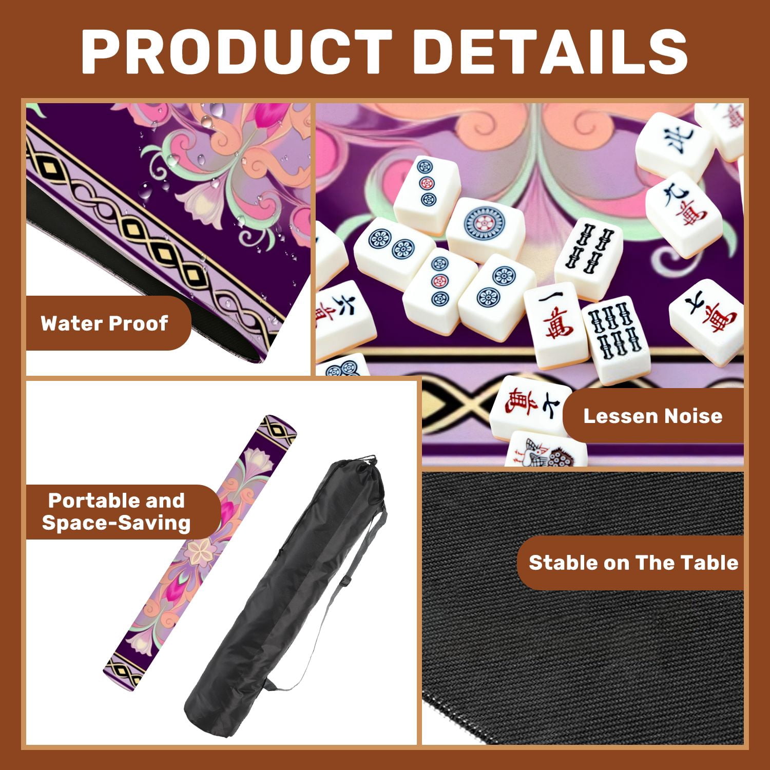 Mahjong Mat 31.5" x 31.5" Floral Mandala Pink Purple Pastel Accents Dark Non-Slip Noise Reduction American Mahjong Tiles Table Cover for Dominoes Poker Card Board Games Gift