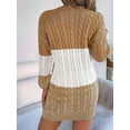 thumbnail image 3 of Women'S Autumn Winter Elegant Patchwork Lantern Sleeve Cable Knit Sweater Dress Khaki M, 3 of 7