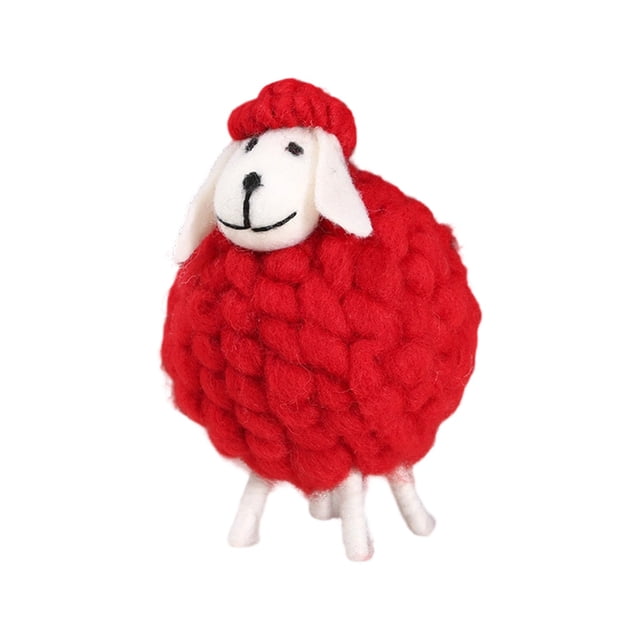 Red 4 Inch Handmade Boho Lint Sheep Ornament With Soft Textured Fabric For Tabletop Mantel Shelf Centerpiece Easter Spring Home Decoration