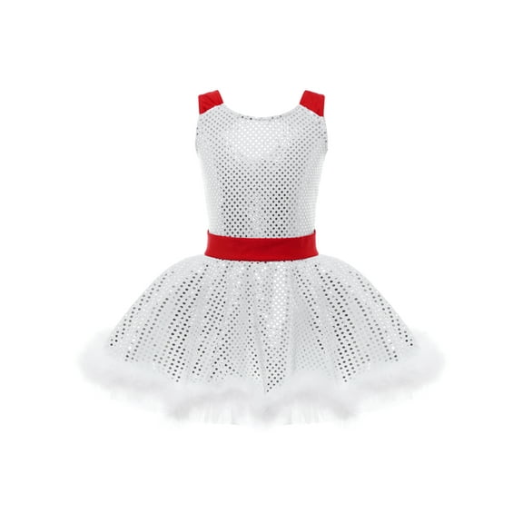 YiZYiF Kids Girls Christmas Dance Dress Glitter Sequins Ballet Tutu Figure Ice Skating Costume White 16