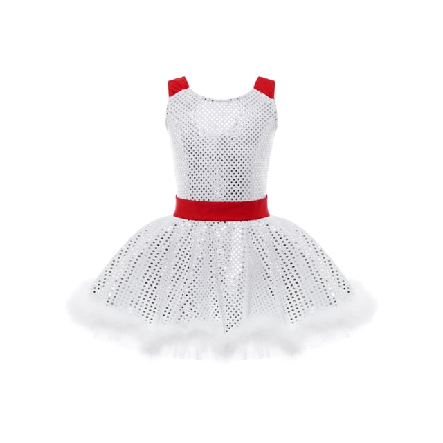 TTAO Robe de Danse de Noël à Paillettes pour Filles, Robe Tutu de Ballet Étoile des Fêtes, Robe de Patinage Artistique sur Glace Blanche 6