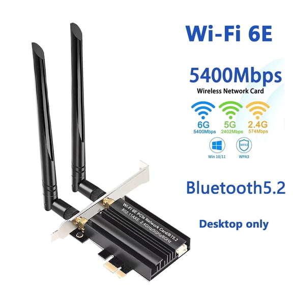 Wireless WiFi 6E PCIe Adapter with Bluetooth 5.2, AX5400M Tri-Band 6GHz/5GHz/2.4GHz Wireless Network Adapter, 2 High Gain Antennas, Drive-Free for Windows 10/11 Desktop, Black (64bit)