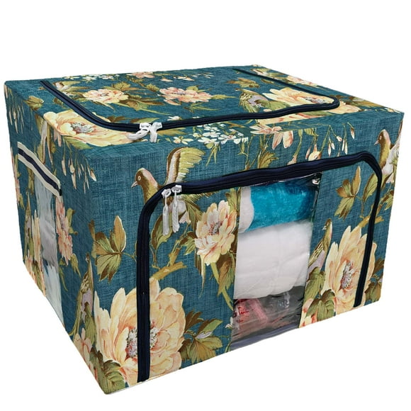 EREHome colorful flowers birds on blue Storage Bag Clear Window Storage Bins Boxes Large Capacity Foldable Stackable Organizer With Steel Metal Frame For Bedding,Clothes,Closets, Bedrooms